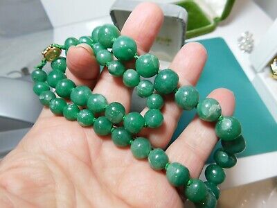 Old Chinese Export Green Jade Bead Cecil 14k Gold Clasp Graduated Necklace Cb 85