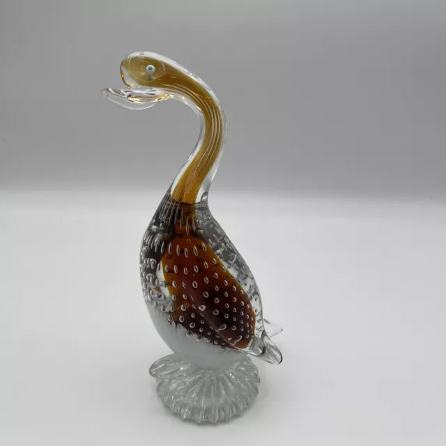 Vintage Art, Glass Bird Figurine, Hand Blown, Brown And Clear, 11”x5.5” (C)
