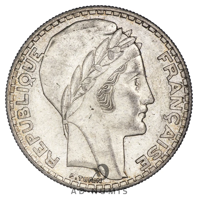 France 20 Francs 1933 Silver Sketched Stems Short Turin AU coin French
