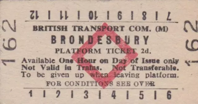 British Railways BTC Red Diamond PLATFORM Ticket BRONDESBURY 162