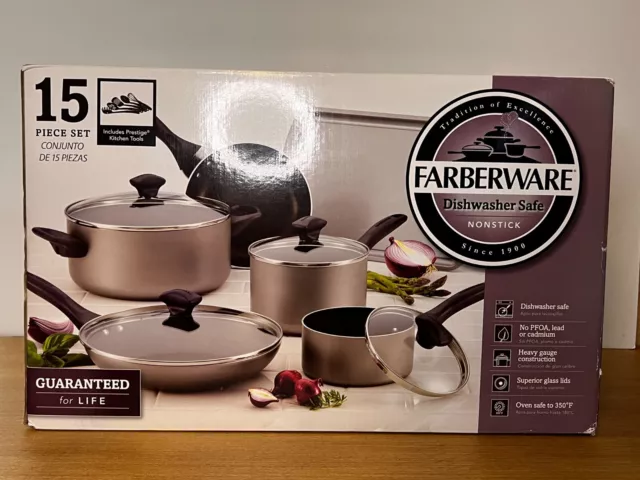 Farberware Dishwasher Safe Nonstick Cookware Pots and Pans Set, 15 Piece,  Pewter