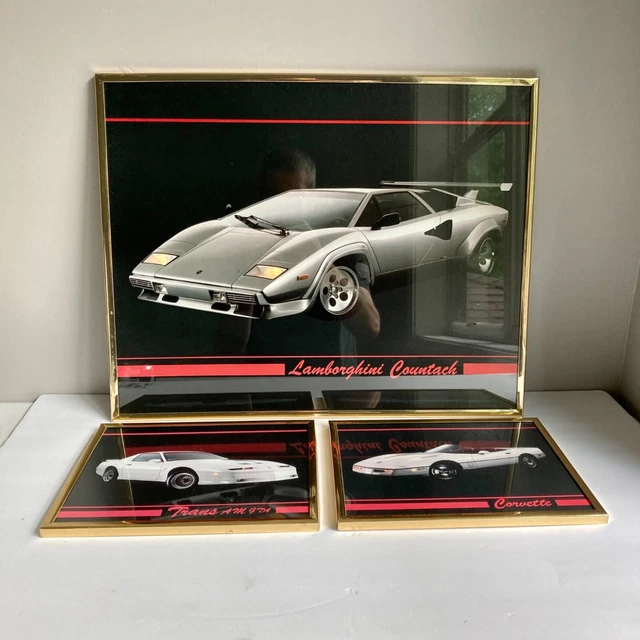 VINTAGE SET 3 Framed Sports Car Prints Countach Corvette
