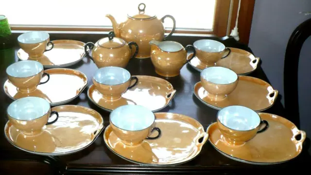 Victoria Czechoslovakia Peach Lusterware Tea And Snack Set 19 Pieces