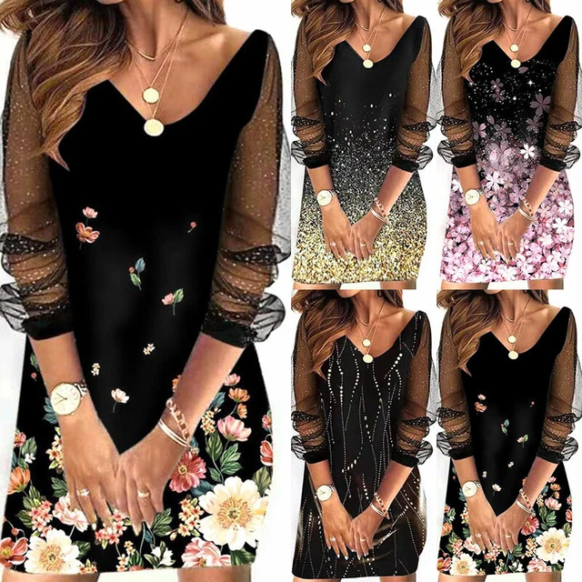 Donna Lustrini Bodycon Vestito Scollo V Abito da Cocktail Sera Rete Moda Morbido