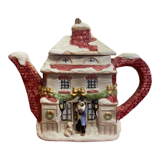 VTG 1987 Fitz & Floyd Christmas Teapot House Dickens Christmas Carol Tiny Tim