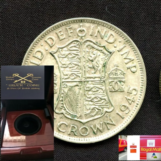 [a/UNCIRCULATED ] REAL SILVER 50%*-1945 George VI-HALF CROWN- COIN-BOXED-GIFT