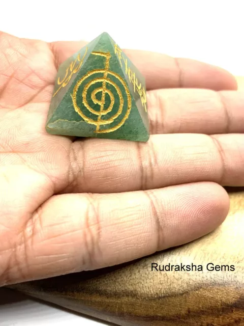Reiki Energy Charged Green Jade Natural Crystal Pyramid Power Symbol Engraved