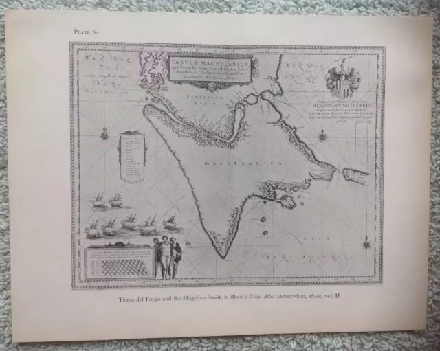 Decorative Map Tierra Del Feugo & Magellan Strait, By Blaeu 1640 Book Plate