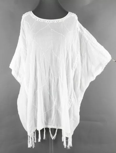 Letarte NEW $254 Sz S White Sparkle Fringe 100% Cotton Poncho Cover Up 055Z 2