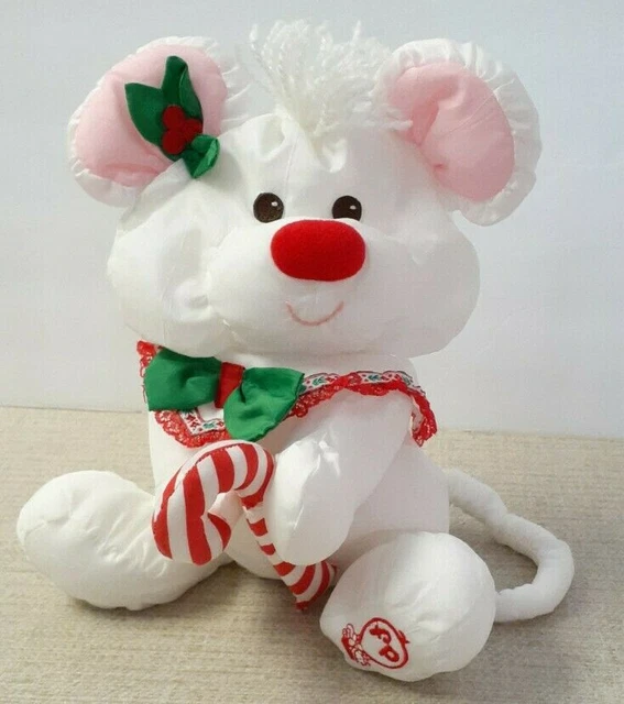 1987 Vtg. Fisher Price Puffalumps12" Christmas Mouse Plush *White/Candy Cane