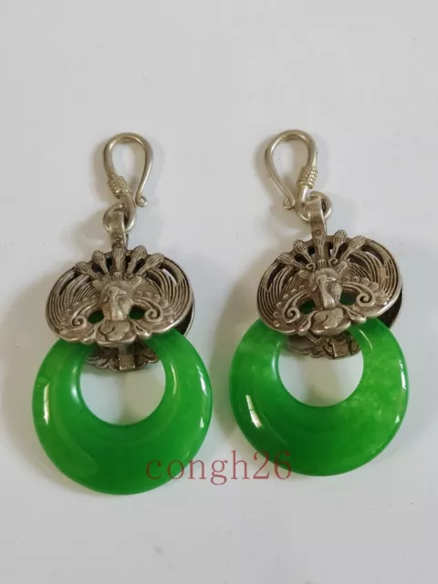 Collection Pair Old China Tibet Silver Hand-made Inlay Jade Fish Eardrop Dangler 2