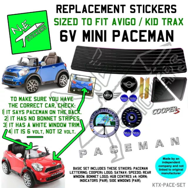 Replacement stickers TO FIT kids 6V MINI Cooper S PACEMAN electric toy car ride