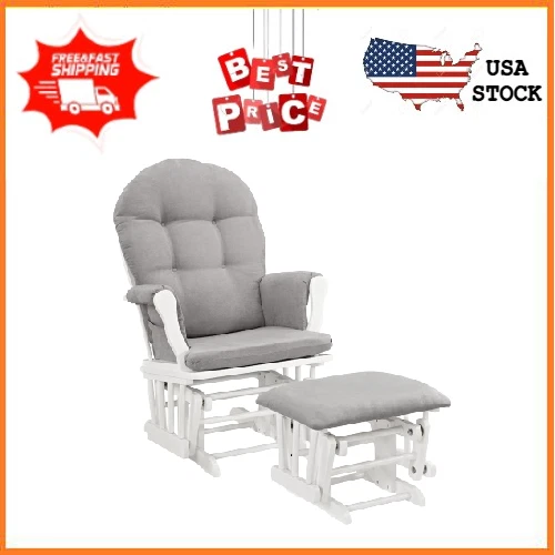Angel Line Windsor Glider and Ottoman, White Finish with Gray Cushions