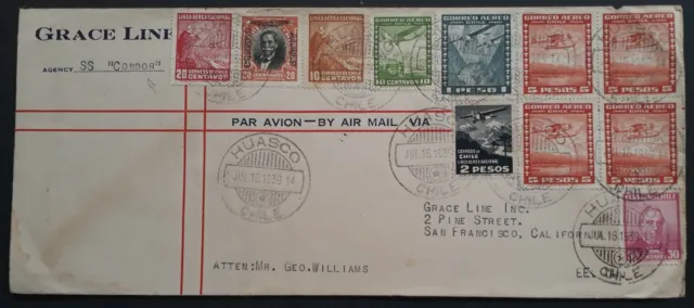 VERY RARE 1939 Chile Grace Line Cover ties 11 stamps cancelled Huasco to USA