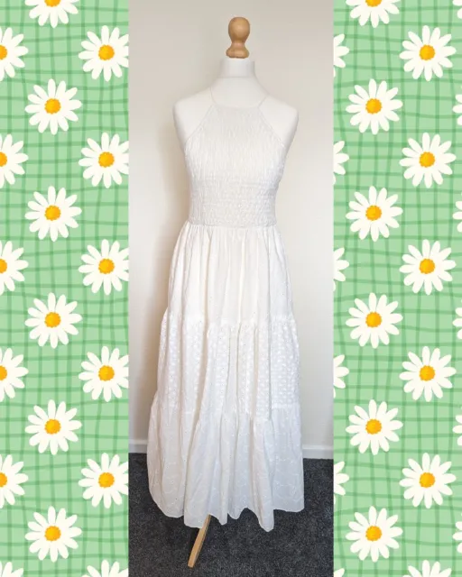 New ⭐ ZARA White Broderie Anglais Embroidery Smocked Midi Dress Size M