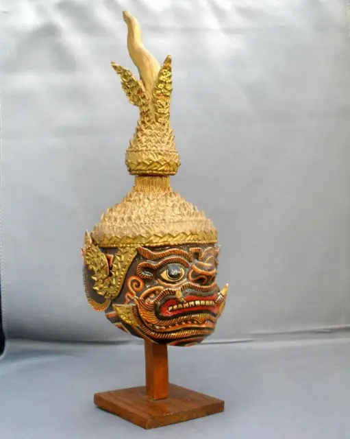 Vintage KHMER Cambodian Khon Mask Paper Mache Helmet Mask 13" Tall with Stand