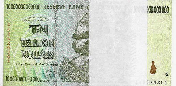 Zimbabwe 10 Trillion Dollars X  (1 Note Only) AA/2008, UNC, Lot Of One, Set Of 1 3