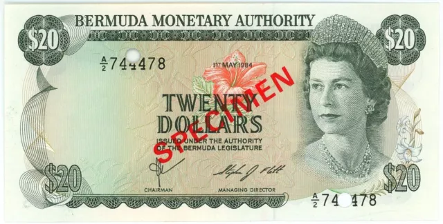 Bermuda 20 Dollars 1984 Specimen P# 31s Overprint Specimen UNC