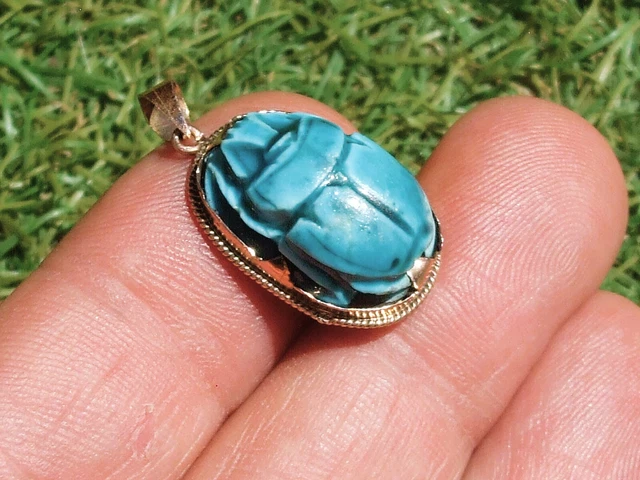 Pendentif égyptien Ancien En Or Rose 14K 585/1000° - Scarabée Bleu Céramique - Occasion