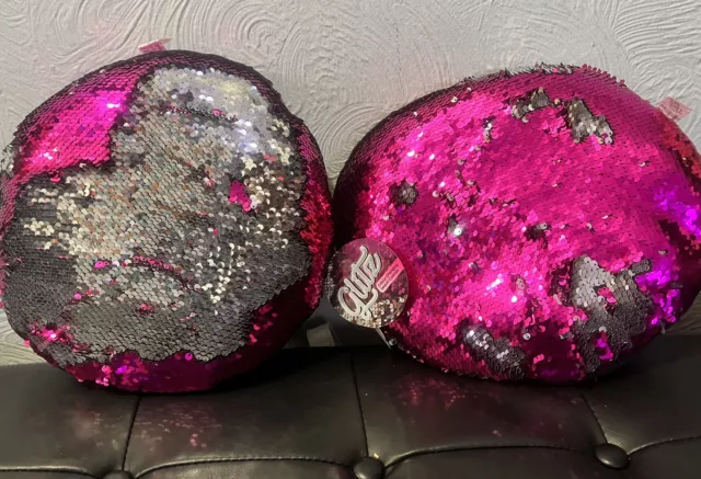 2 FILLED Magic sequin mermaid reversible two tone glitter pillow sofa PINK ROUND