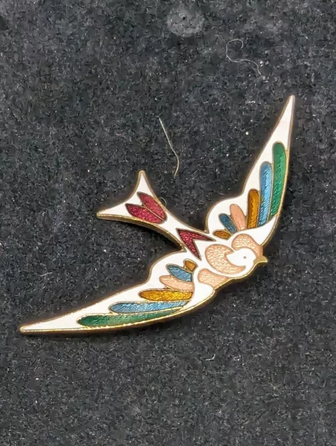 60s Vintage French Enamel Swallow Tail Bird Brooch Green Blue Red White