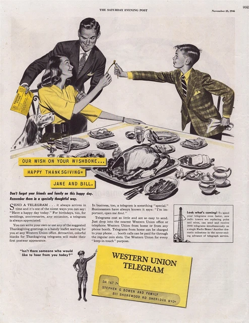 1946 Western Union Telegram Happy Thanksgiving Wishbone Vintage Print Ad L40