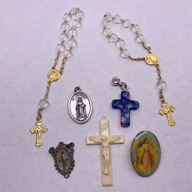 Rosary Mini Set 2 Cross Blue Glass Medal Mary Angel Pin Set Lot 7 Pcs