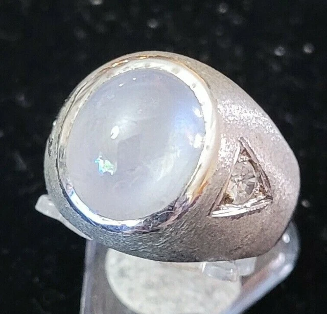 Men's 14k White Gold Oval Bezel Moonstone Solitaire & 2 Dia Polished Ring Sz 7.5