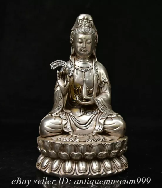 8.6" Antique Chinese Copper Silver Feng Shui Kwan-yin Guan Yin Goddess Statue