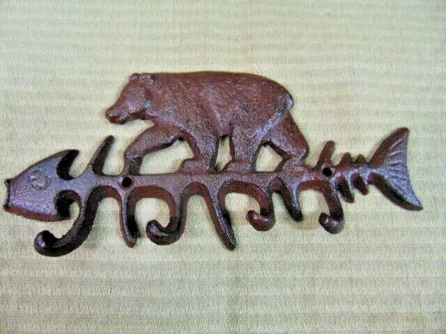 Bear Bone fish Cabin lodge Rustic Wall Key Holder Cast Iron Coat Hook Wilderness
