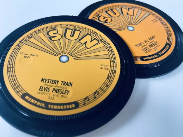 Elvis Presley- 2 Vinyl Record Label coasters. That’s Alright. Mystery train. Sun