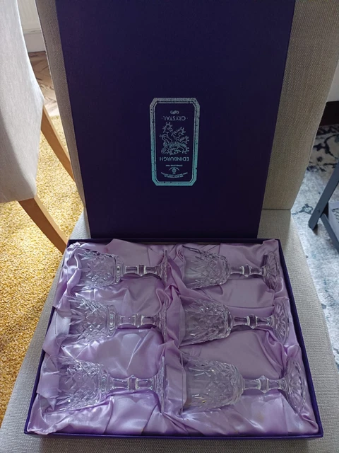 6 X Edinburgh Lead Crystal Cut Glass, Small Wine Glasses, In Orig. Box