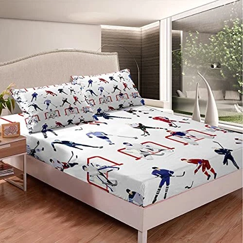 Ice Hockey Fitted Sheet Kids Sports Event Bedding Set Hockey Player Bed Sheet
