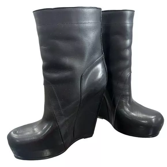 Rick Owens Classic 12cm  Pull On Wedge Boot In Black Leather Size 37 (no Box) 3