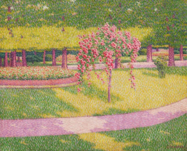 Jean chauvel Cuadro Francés Puntillista Divisionismo Paisaje Parque Patio Flores