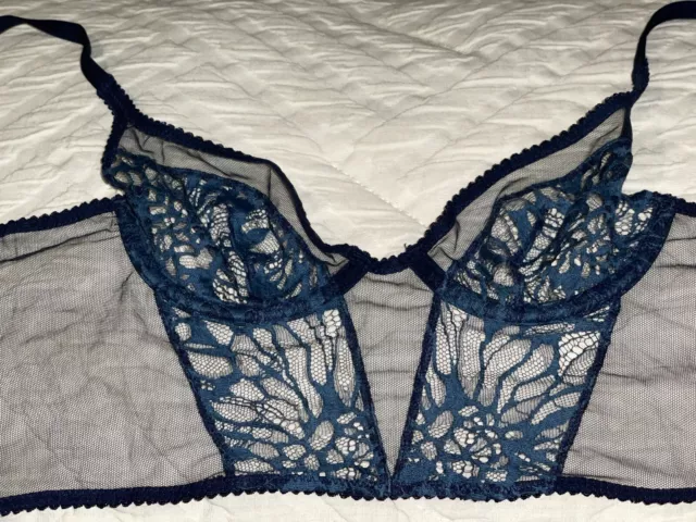 Kiki de Montparnasse Coquette Blue Lace Longline Bra Size 32B NWOT