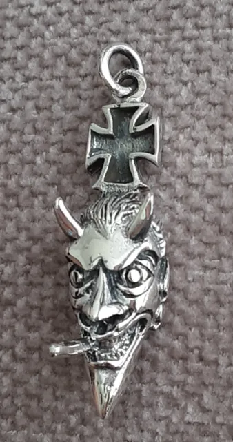 Sterling Silver Pendant Charm Horned Devil Smoking Rolled Cigar Maltese Cross