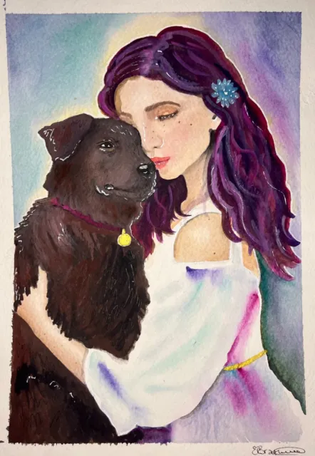 Original Watercolour Girl Hugging Her Dog A4