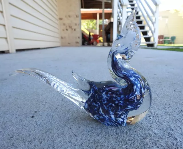 Vintage Art Glass Murano Style Blue Sparkly Bird Paperweight Figurine 5" Tall