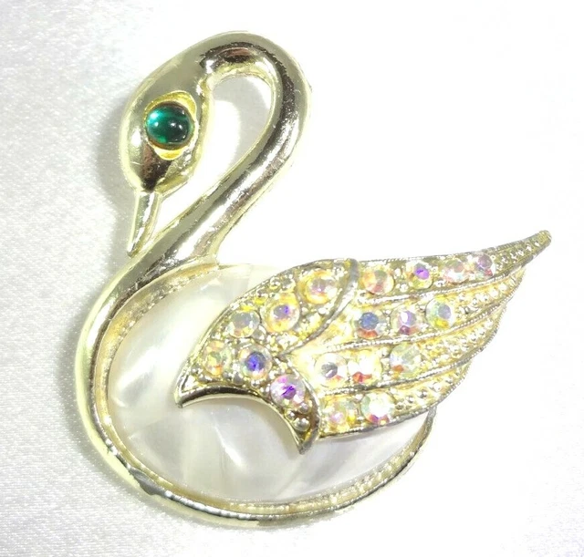 Vtg SWAN Aurora Borealis Rhinestones Faux Pearl White Acrylic Body Brooch / Pin!