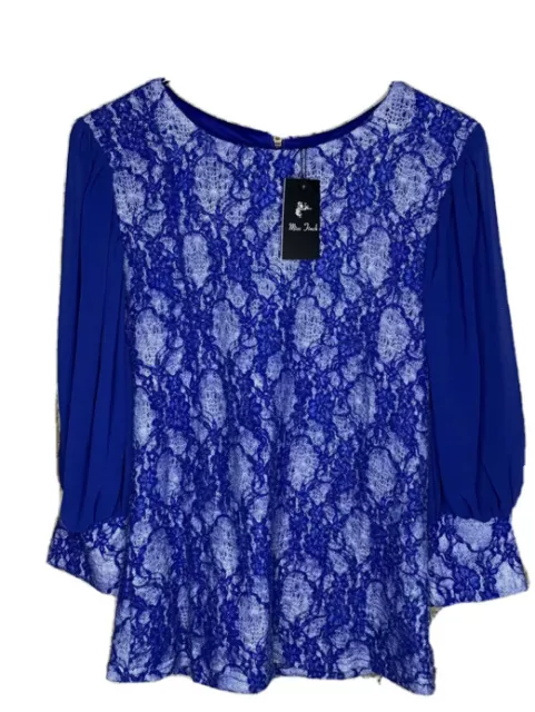 New Miss Finch Womens Blouse Size Medium Blue Lace Overlay Zip Back BNWT