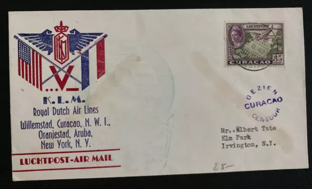 1943 Willemstad Curacao First Flight Airmail Cover FFC To Irvington NY Usa