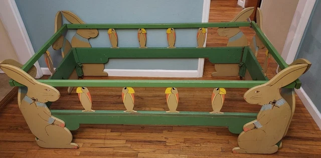 Antique Vtg Art Deco Childs Bed Wood Twin Rabbits Parrots Bird Headboard Upcycle
