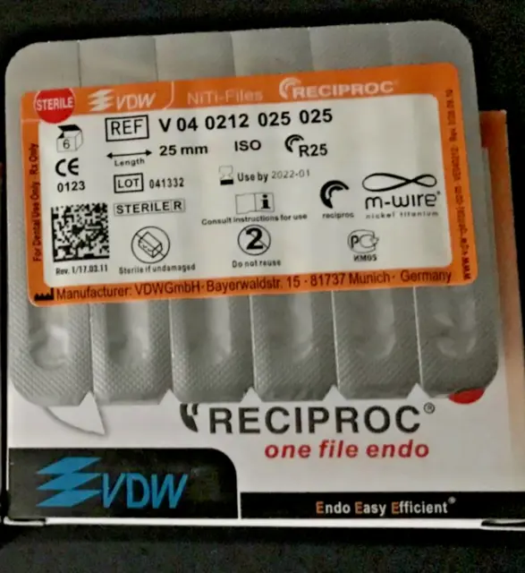 VDW RECIPROC Sterille File Endo M-WIRE 25mm R25 6pcs/Pack NiTi-Files