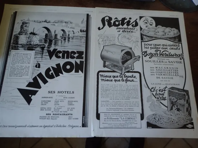 AVIGNON + nouilles BOZON VERDURAZ + LA CORNUE publicité papier ILLUSTRATION 1929