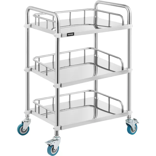 VEVOR Medical Trolley Mobile Rolling Serving Cart 3 Tiers Stainless Brake Wheels