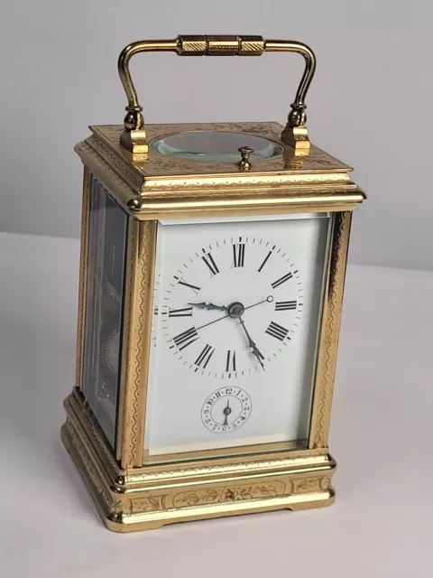 Antique Engraved Brass Bell Striking Carriage clock Centre Second