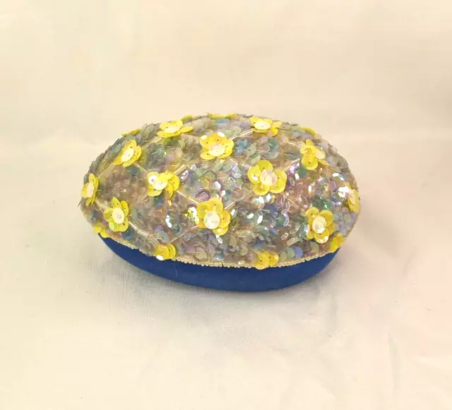 Vintage Sequin Easter Egg Blue Velvet Bottom Yellow Iridescent Cotton Lined Box