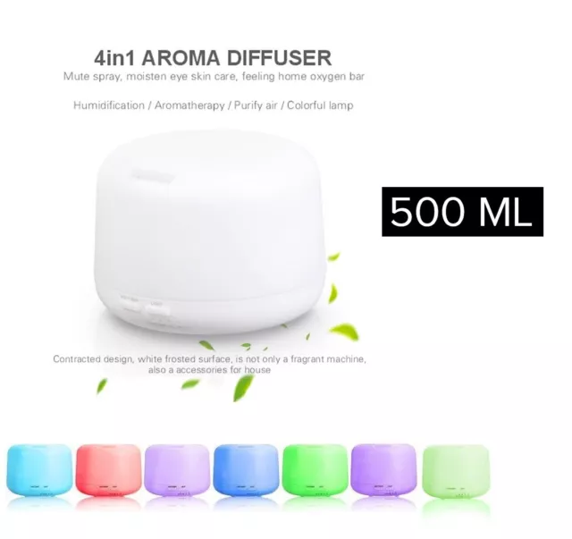 Diffusore di oli essenziali per aromaterapia, a ultrasuoni, 500 ml, 7 colori LED