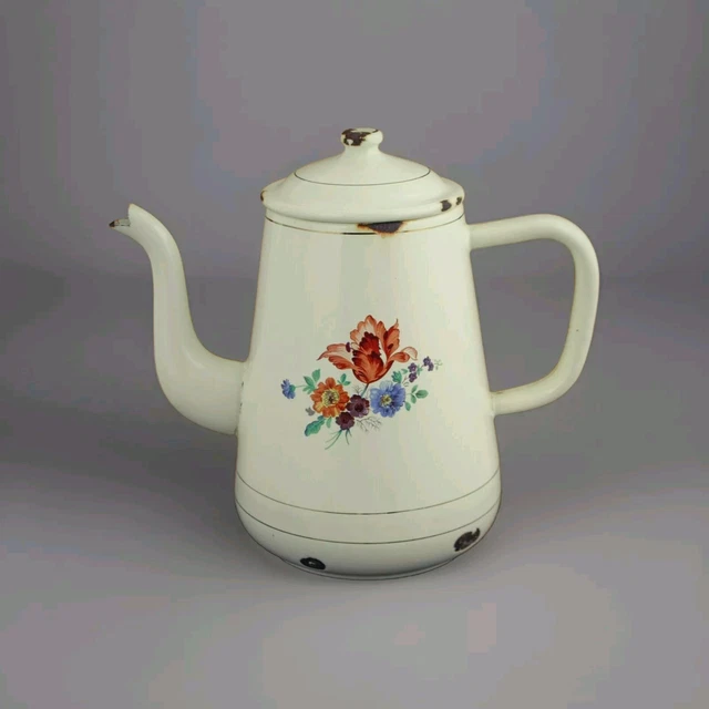 Ancienne Cafetière En émail – Motif Floral Roses – Vintage 1950, Pays-Bas